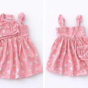 🌸 Rabbit + Bear Pink Muslin Dress & Bloomers Set – 18M